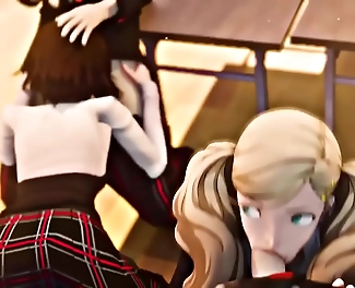 JAV Amateur Ann Takamaki and Makoto Niijima Suck Cocks in Persona 5 Classroom